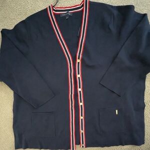 🎀 Navy Cardigan Sweater with Red and White Trim